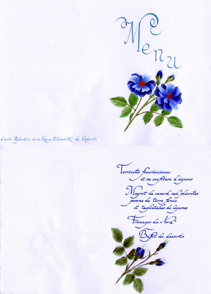 Menu de mariage thème fleur bleue. A4 plié en deux.